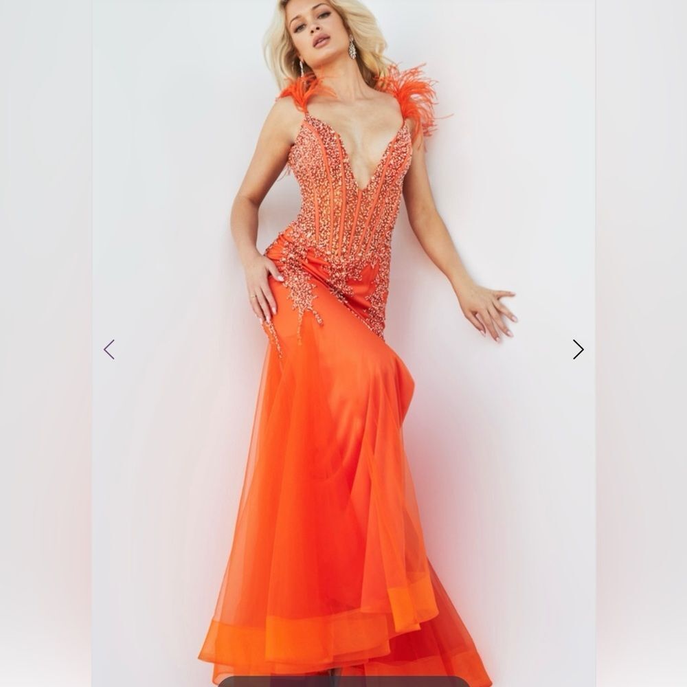 Jovani Vibrant Orange Feather-Trim Beaded Mermaid Gown - Picture 7 of 16
